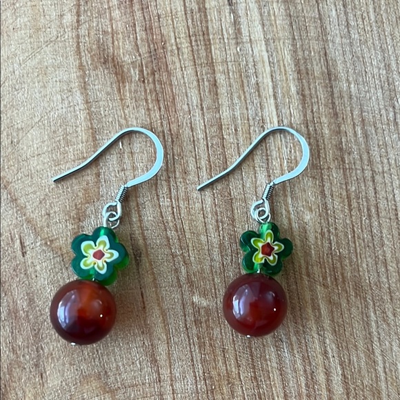 Carnelian stone and Green Earrings Whimsical Jewelry. Sterling steel - Picture 4 of 6